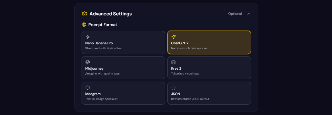 Prompt format options including Nano Banana Pro, ChatGPT, MidJourney, Krea, Ideogram and JSON