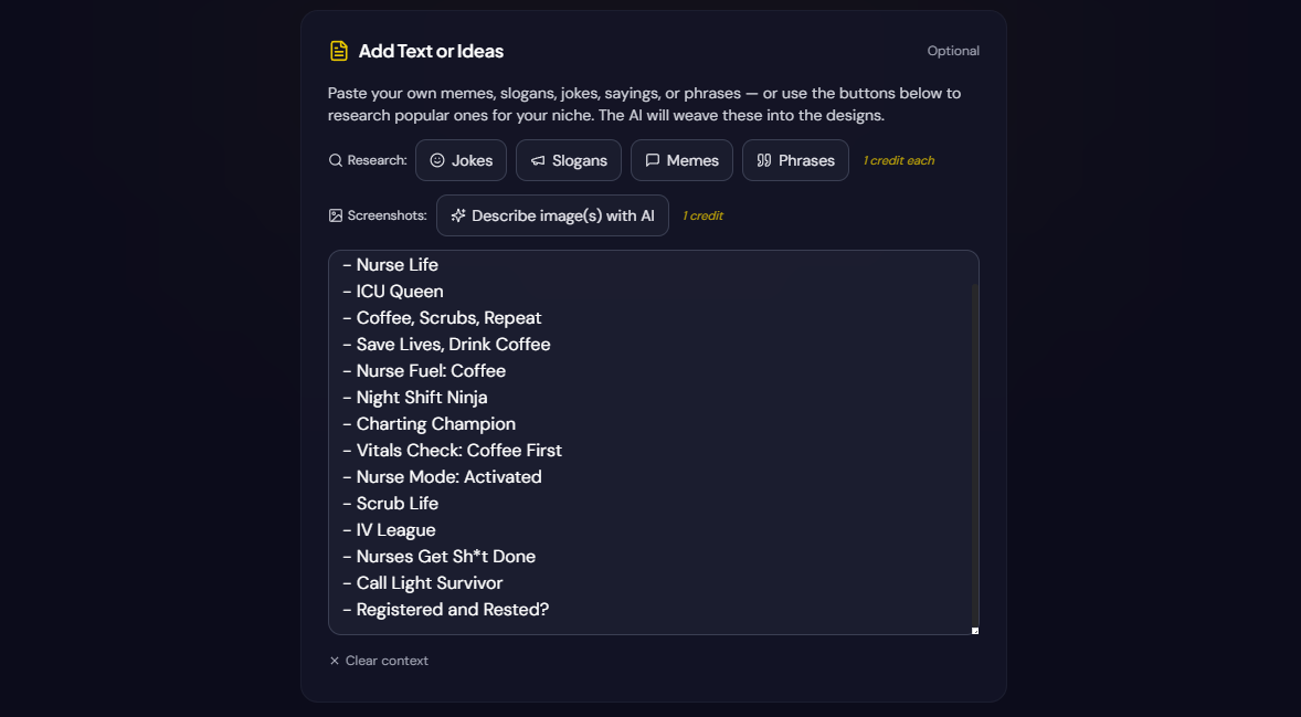 Add Text or Ideas — research jokes, slogans, memes and phrases for your niche